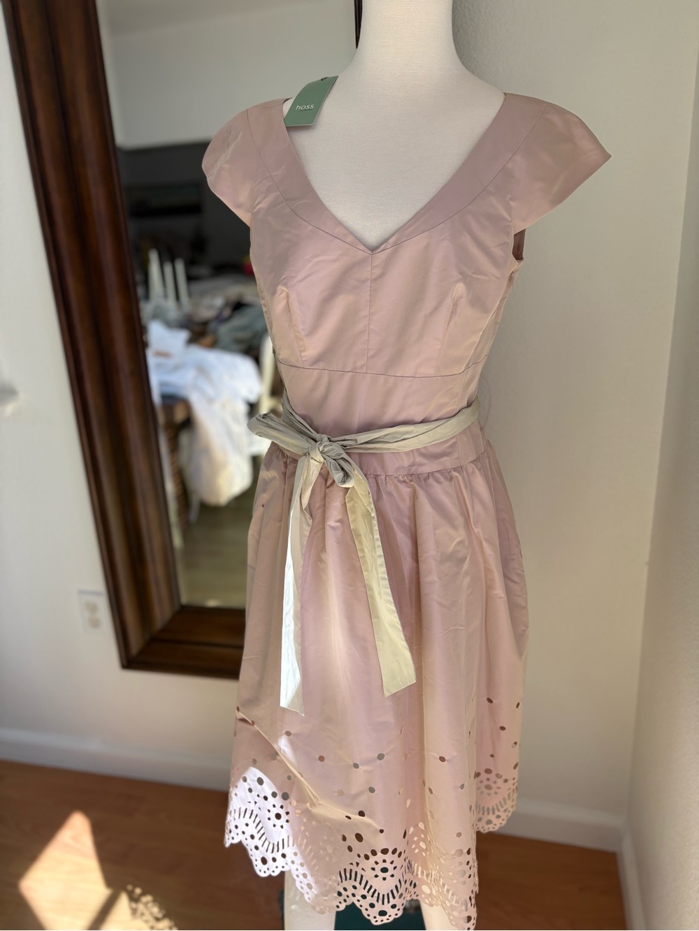 Fit-and-Flare Pink Midi Dress with Eyelet Hem and Contrast Waist Tie